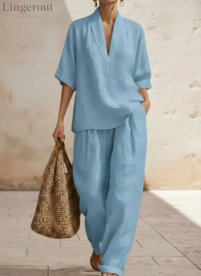 New Arrivals🔥 Women’s Casual Cozy Minimalist Linen Two-piece Set - Blue / S