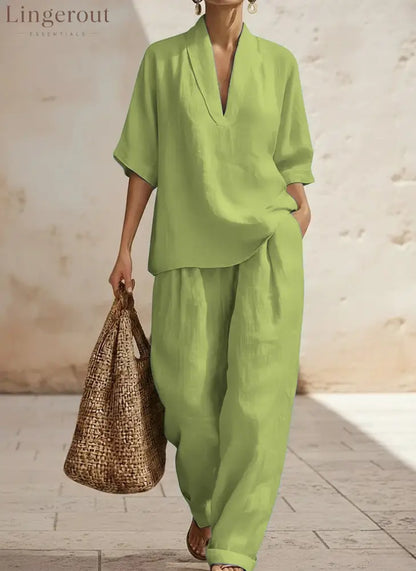 New Arrivals🔥 Women’s Casual Cozy Minimalist Linen Two-piece Set - Green / S