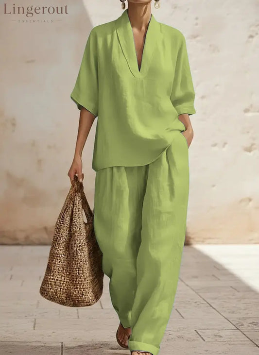 New Arrivals🔥 Women’s Casual Cozy Minimalist Linen Two-piece Set - Green / S