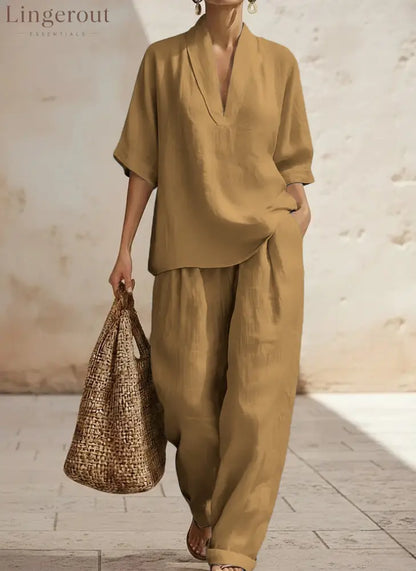 New Arrivals🔥 Women’s Casual Cozy Minimalist Linen Two-piece Set - Khaki / S