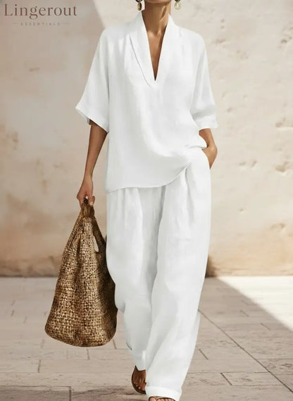New Arrivals🔥 Women’s Casual Cozy Minimalist Linen Two-piece Set - White / S