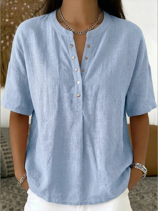 New Arrivals🔥 Women’s Casual Henley Collar Linen And Cotton Short-sleeve Shirt - Blue / S