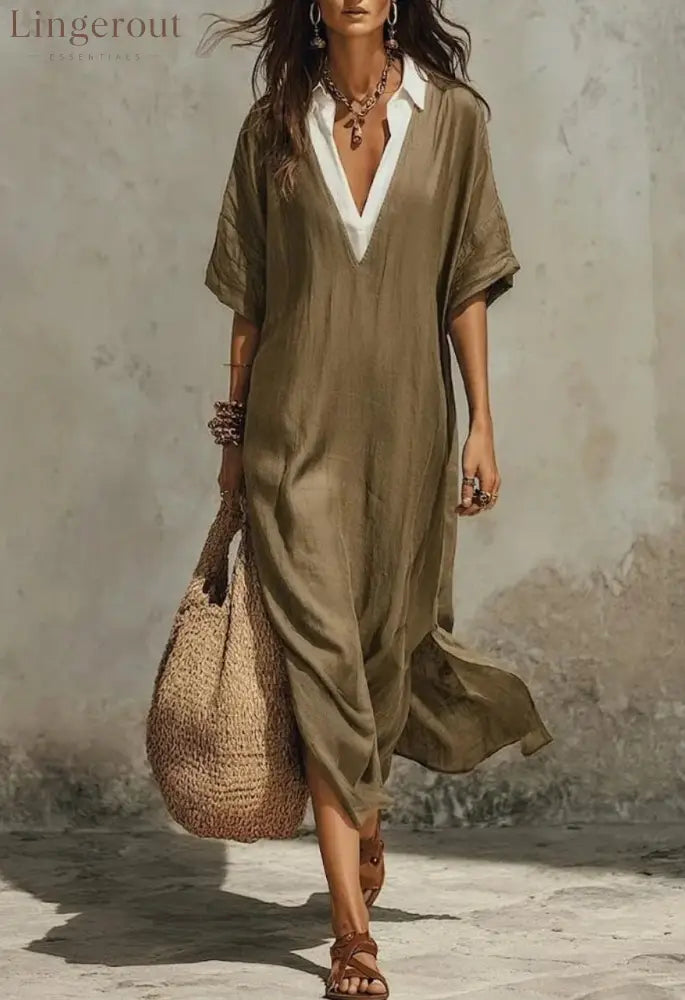 New Casual Bohemian Style Deep V-Neck Long Skirt - Khaki / S
