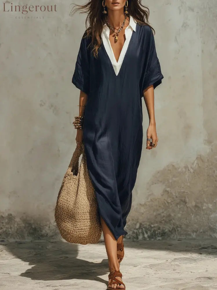 New Casual Bohemian Style Deep V-Neck Long Skirt - Navy blue / S