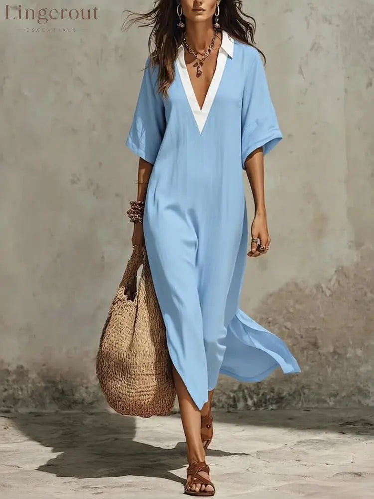 New Casual Bohemian Style Deep V-Neck Long Skirt - Sky blue / S