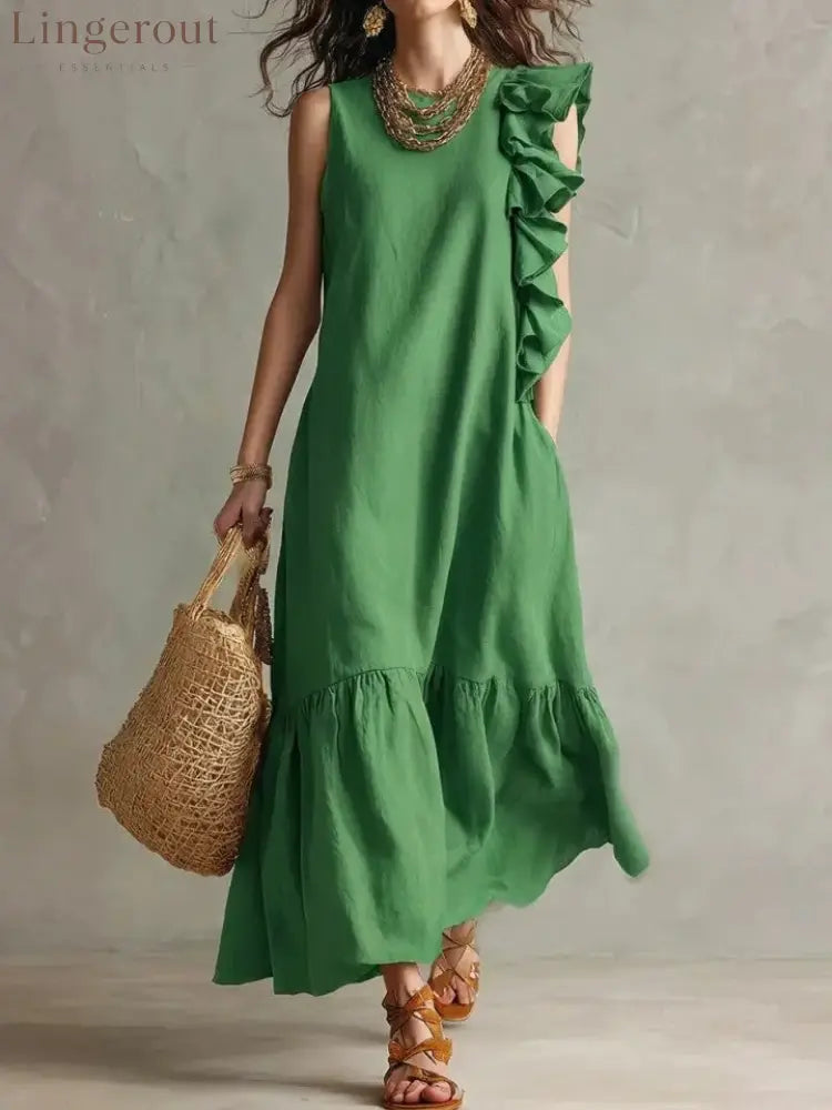 New Irregular Ruffled Sleeveless Women’S Dress - Green / S
