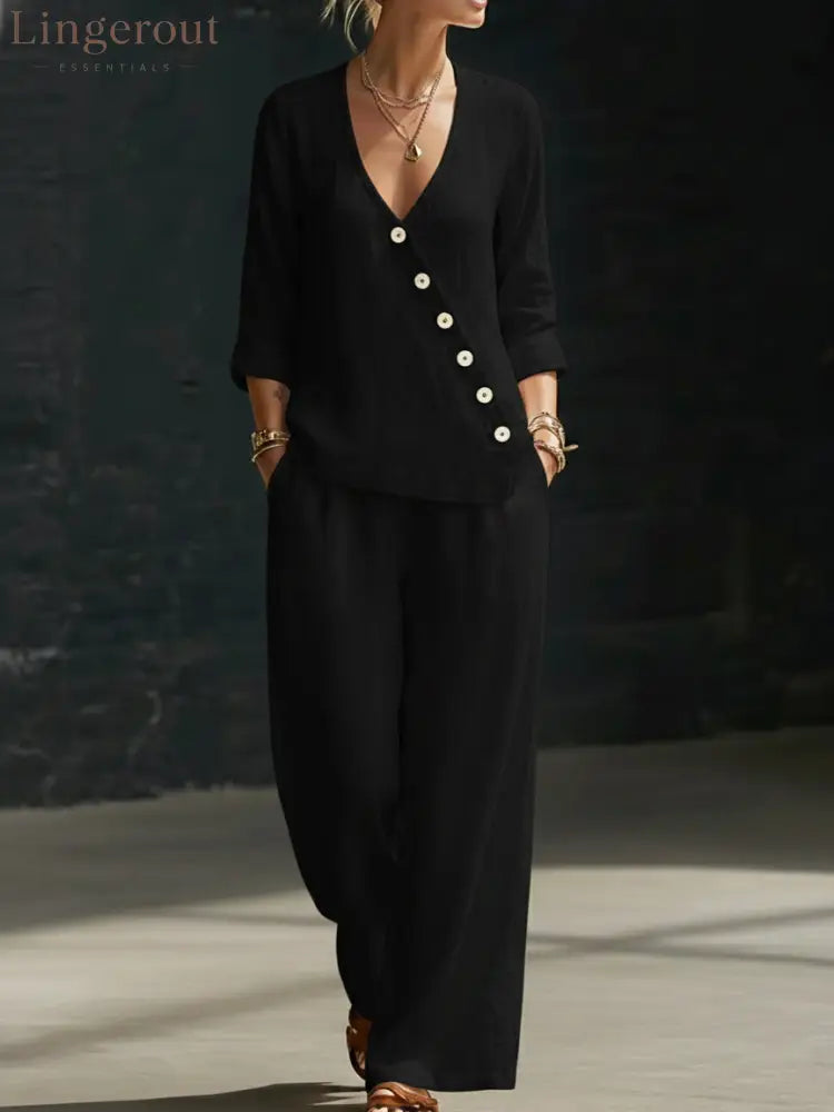 NEW🔥Minimalist V-neck Shirt And Wide-leg Pants Two-piece Set - Black / S