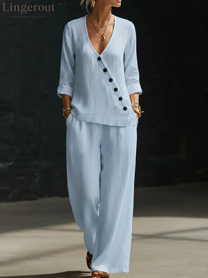 NEW🔥Minimalist V-neck Shirt And Wide-leg Pants Two-piece Set - Blue / S
