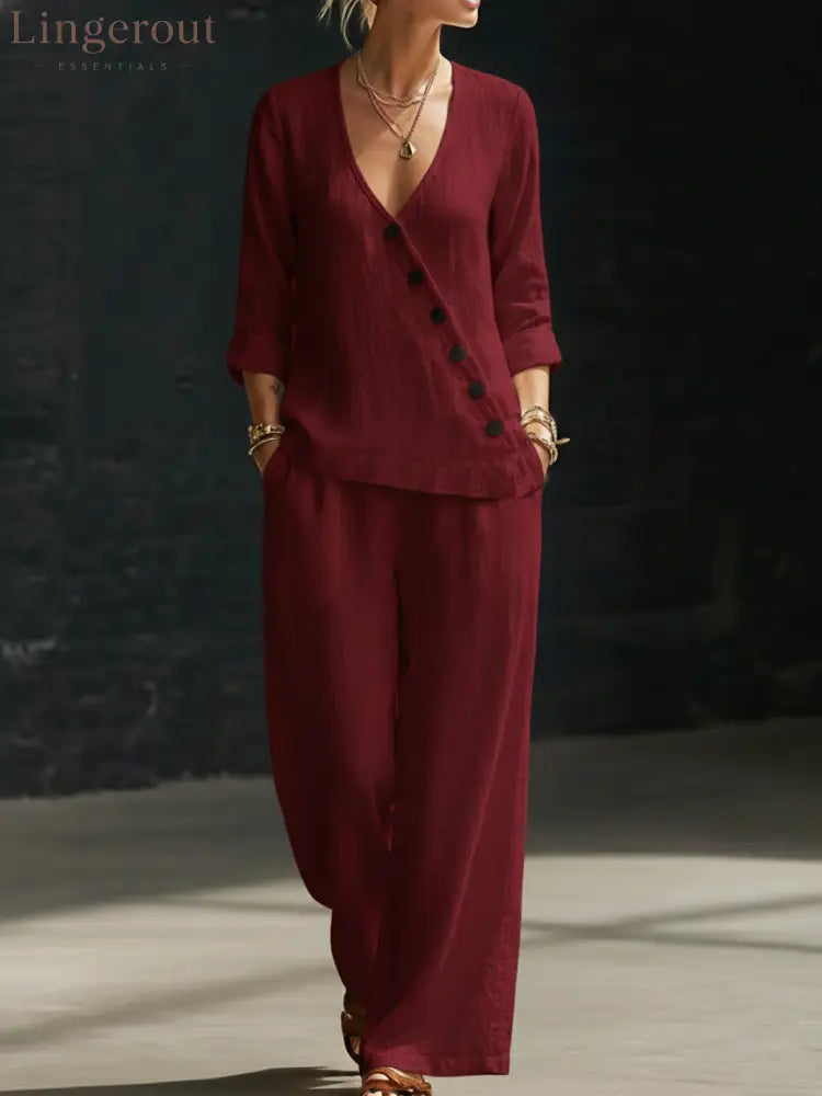 NEW🔥Minimalist V-neck Shirt And Wide-leg Pants Two-piece Set - Red / S