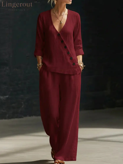 NEW🔥Minimalist V-neck Shirt And Wide-leg Pants Two-piece Set - Red / S