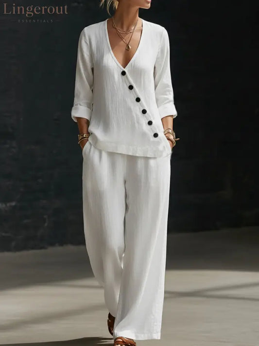 NEW🔥Minimalist V-neck Shirt And Wide-leg Pants Two-piece Set - White / S