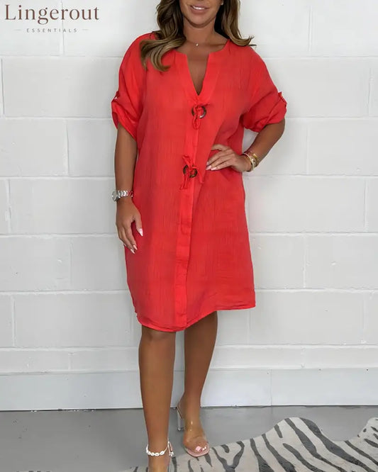 New Plus Size Button Up Tunic Dress - Orange-red / S