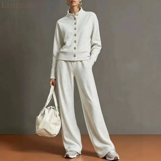 New Solid Color Stand-Up Collar Cardigan Sweatshirt Wide-Leg Pants Suit Independent Station Popular Women
