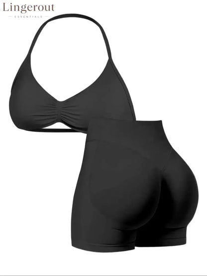 New Women’s Sporty Yoga Set High-Waist Tight-Fitting Shorts and Tank Top - Black / XS