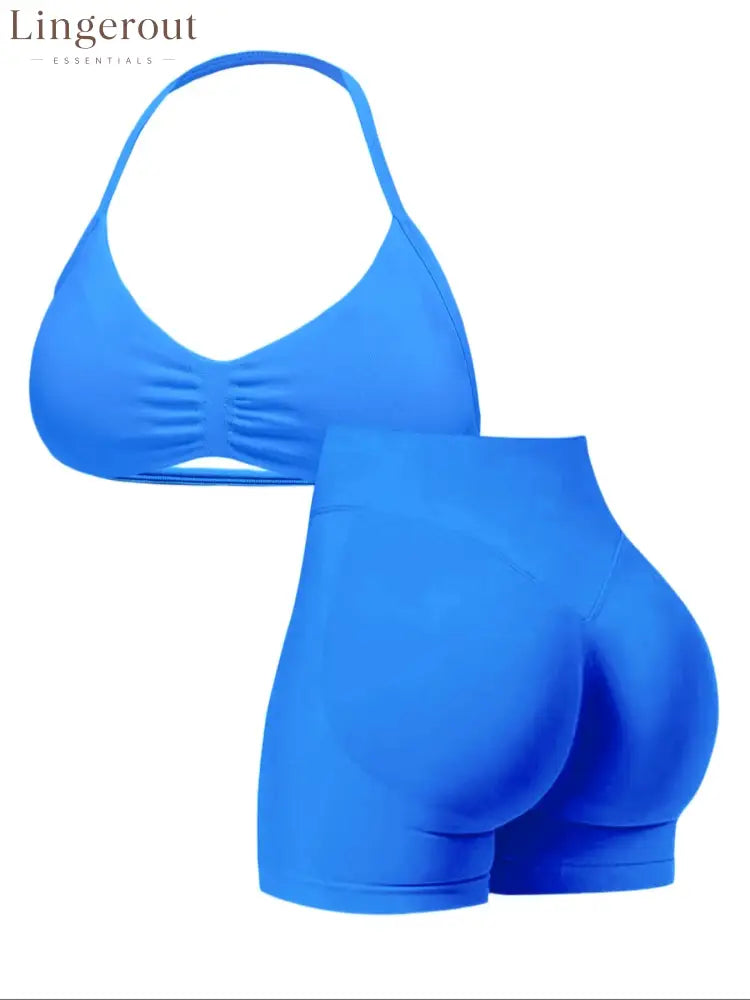New Women’s Sporty Yoga Set High-Waist Tight-Fitting Shorts and Tank Top - Blue / XS