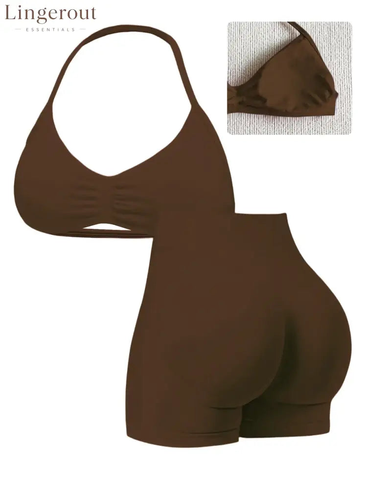 New Women’s Sporty Yoga Set High-Waist Tight-Fitting Shorts and Tank Top - Brown / XS