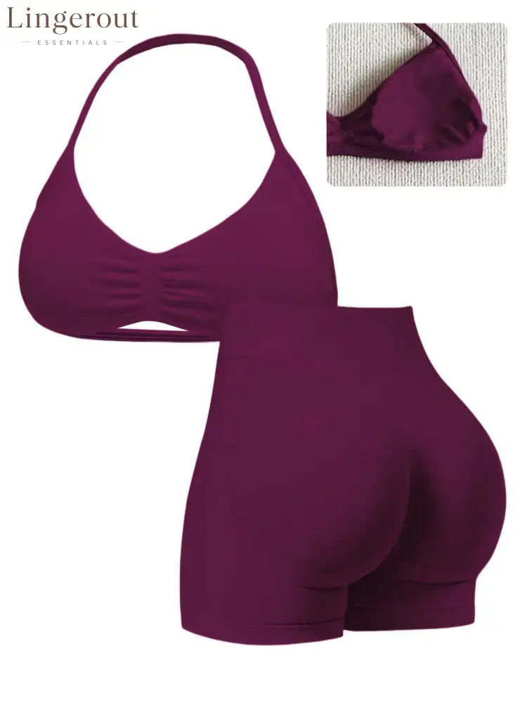 New Women’s Sporty Yoga Set High-Waist Tight-Fitting Shorts and Tank Top - Burgundy / XS