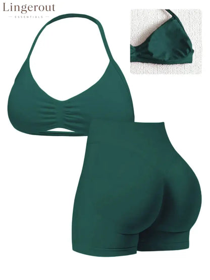 New Women’s Sporty Yoga Set High-Waist Tight-Fitting Shorts and Tank Top - Dark Green / XS