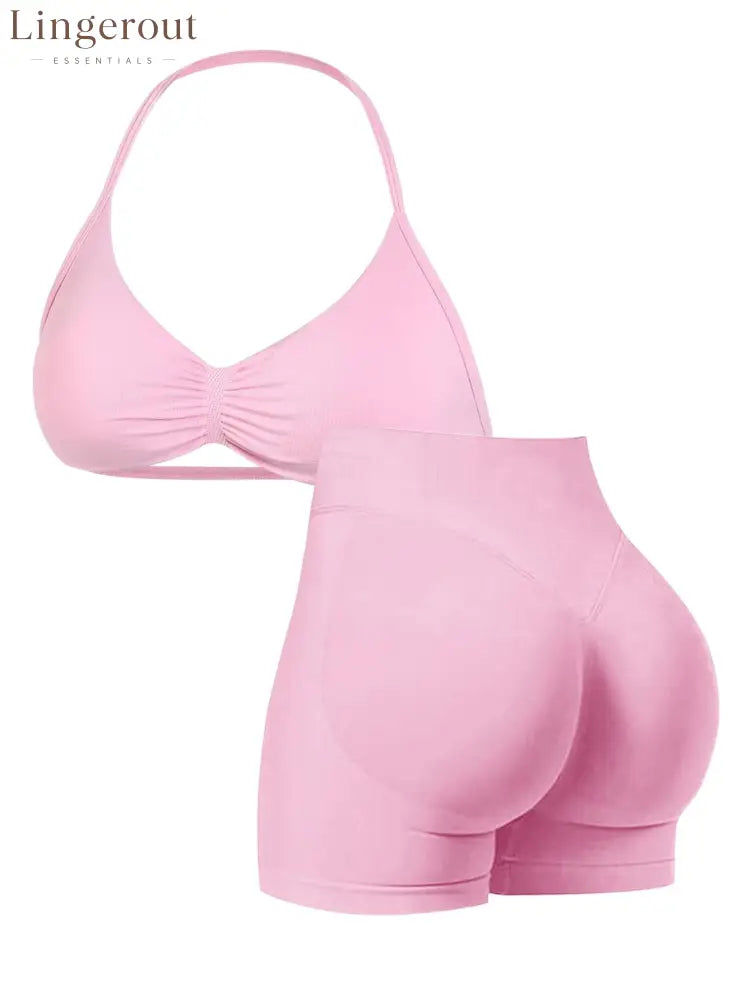 New Women’s Sporty Yoga Set High-Waist Tight-Fitting Shorts and Tank Top - Pink / XS