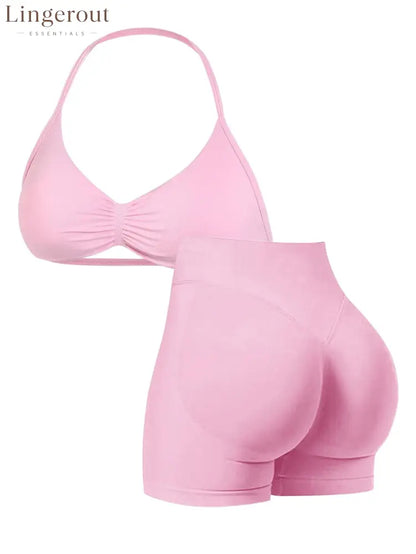 New Women’s Sporty Yoga Set High-Waist Tight-Fitting Shorts and Tank Top - Pink / XS