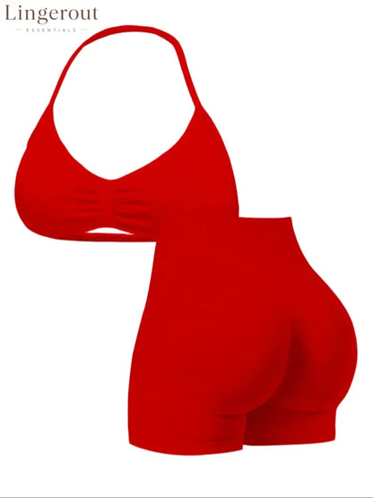 New Women’s Sporty Yoga Set High-Waist Tight-Fitting Shorts and Tank Top - Red / XS