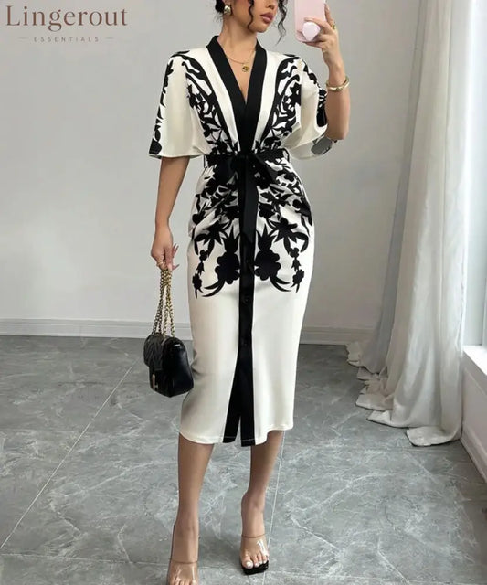 Noir Print Midi Dress - WHITE / S