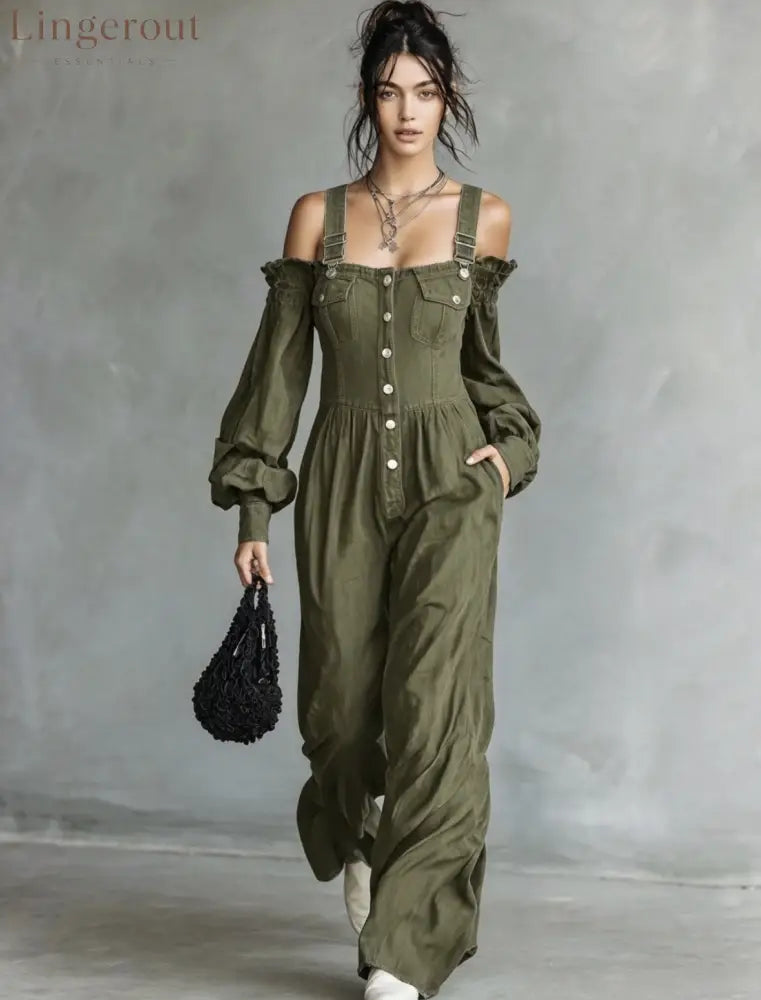 2026 New Amazon Cross-Border Retro Denim Jumpsuit Women’S One Shoulder Lantern Sleeve High Waist Slim Wide Leg Pants