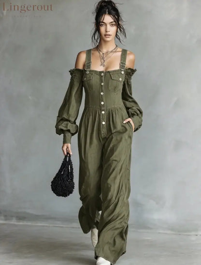 2026 New Amazon Cross-Border Retro Denim Jumpsuit Women’S One Shoulder Lantern Sleeve High Waist Slim Wide Leg Pants