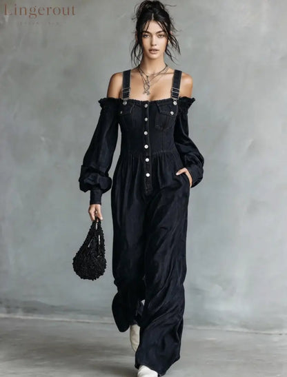 2026 New Amazon Cross-Border Retro Denim Jumpsuit Women’S One Shoulder Lantern Sleeve High Waist Slim Wide Leg Pants