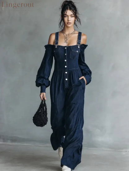 2026 New Amazon Cross-Border Retro Denim Jumpsuit Women’S One Shoulder Lantern Sleeve High Waist Slim Wide Leg Pants