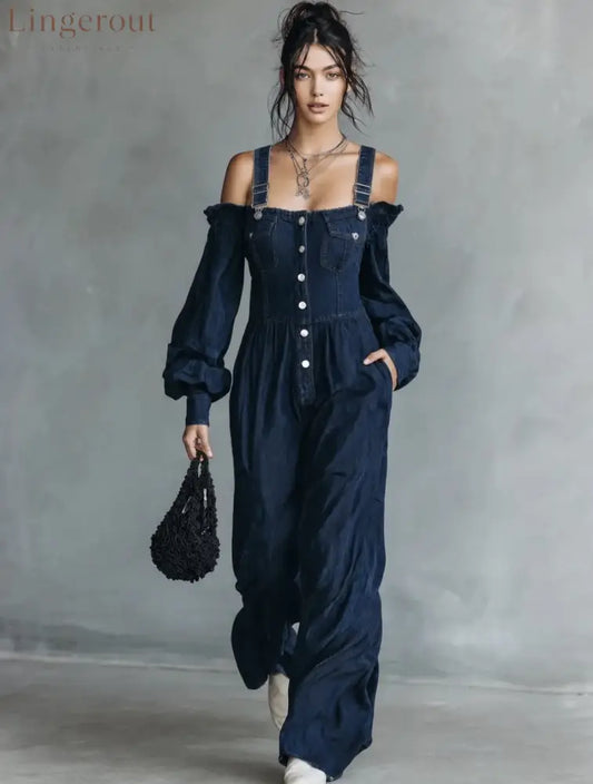 2026 New Amazon Cross-Border Retro Denim Jumpsuit Women’S One Shoulder Lantern Sleeve High Waist Slim Wide Leg Pants