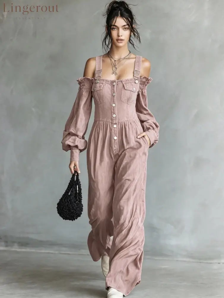 2026 New Amazon Cross-Border Retro Denim Jumpsuit Women’S One Shoulder Lantern Sleeve High Waist Slim Wide Leg Pants