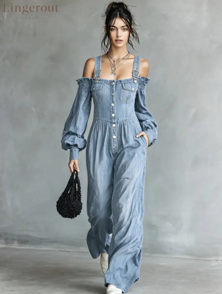 2026 New Amazon Cross-Border Retro Denim Jumpsuit Women’S One Shoulder Lantern Sleeve High Waist Slim Wide Leg Pants
