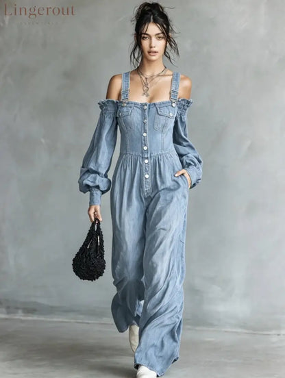 2026 New Amazon Cross-Border Retro Denim Jumpsuit Women’S One Shoulder Lantern Sleeve High Waist Slim Wide Leg Pants