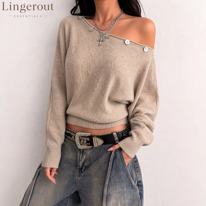 Off-Shoulder Button Detail Knit Top
