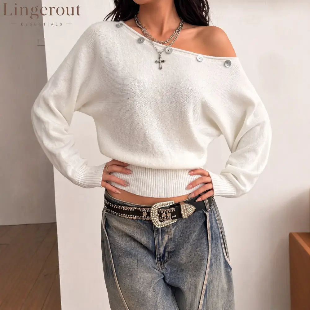 Off-Shoulder Button Detail Knit Top