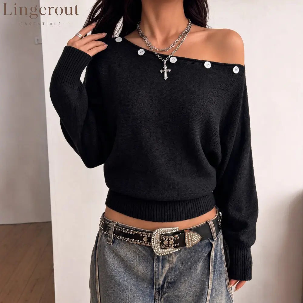 Off-Shoulder Button Detail Knit Top
