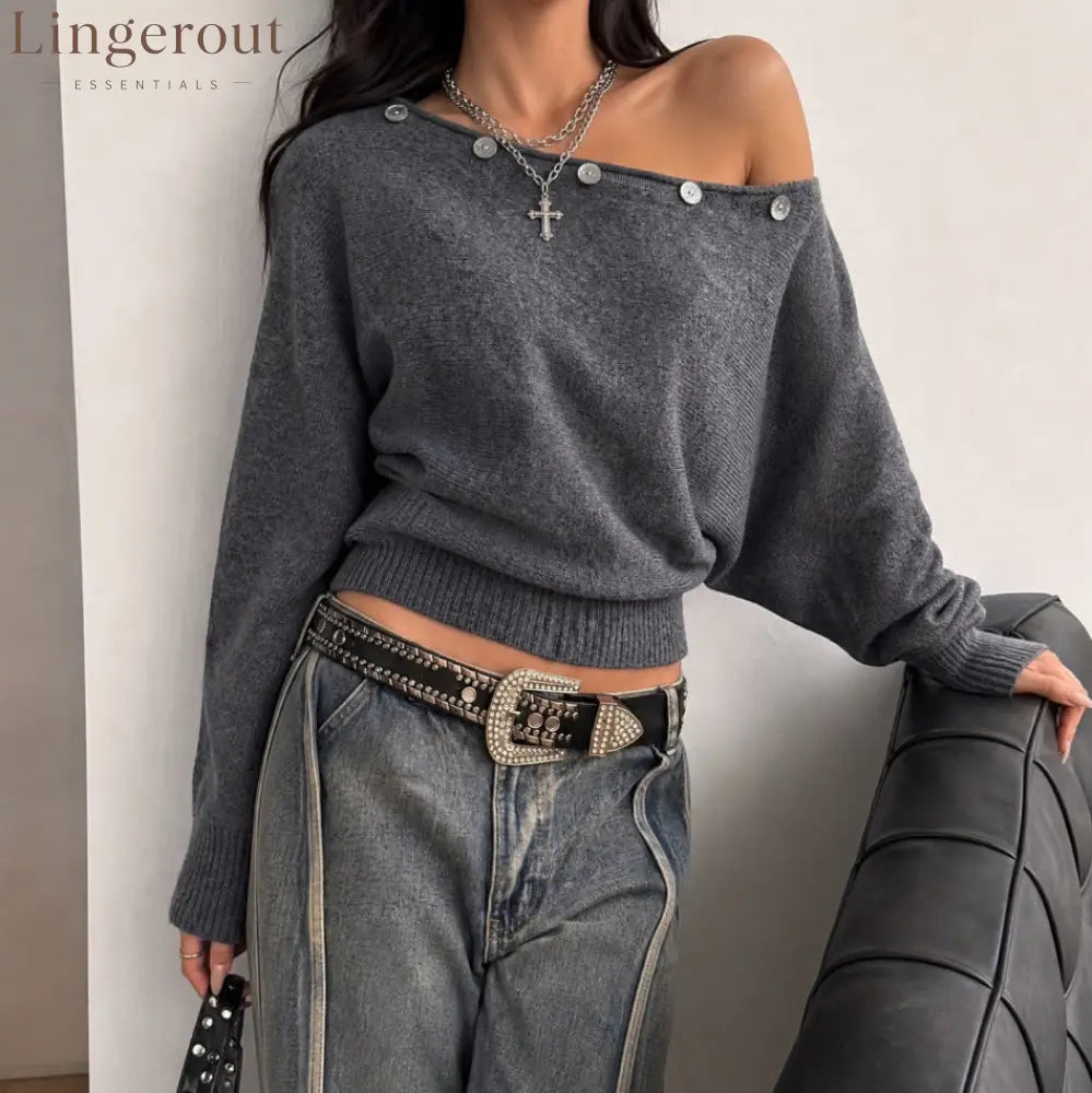 Off-Shoulder Button Detail Knit Top