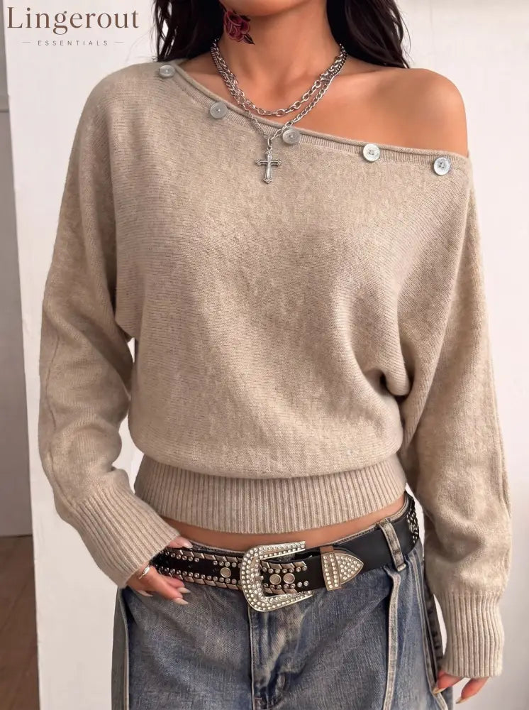 Off-Shoulder Button Detail Knit Top - Khaki / S