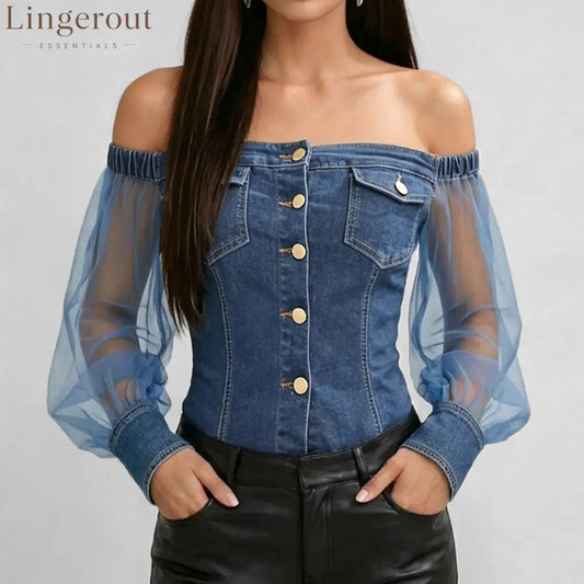 Off-Shoulder Denim Mesh Sleeve Top