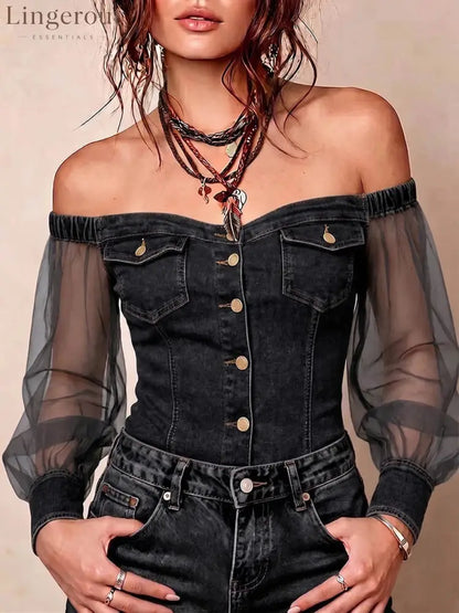 Off-Shoulder Denim Mesh Sleeve Top - Black / S