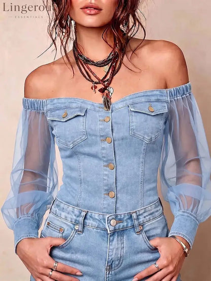Off-Shoulder Denim Mesh Sleeve Top - Light blue / S