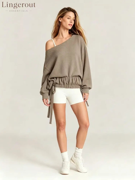 Off Shoulder Drawstring Hem Oversized Sweatshirt