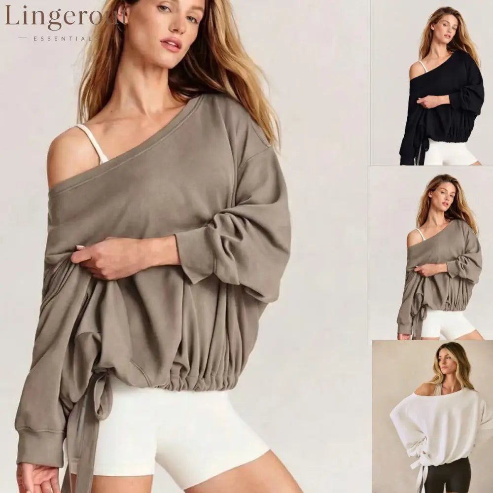 Off Shoulder Drawstring Hem Oversized Sweatshirt