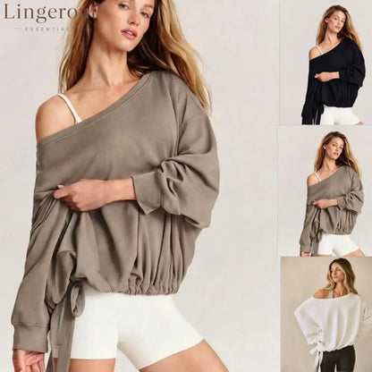 Off Shoulder Drawstring Hem Oversized Sweatshirt