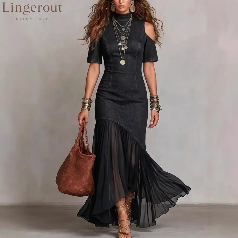 Off-Shoulder Mesh Hem Midi Dress – Slim Fit Short Sleeve Dress