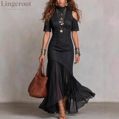 Off-Shoulder Mesh Hem Midi Dress – Slim Fit Short Sleeve Dress
