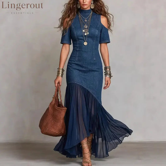Off-Shoulder Mesh Hem Midi Dress – Slim Fit Short Sleeve Dress