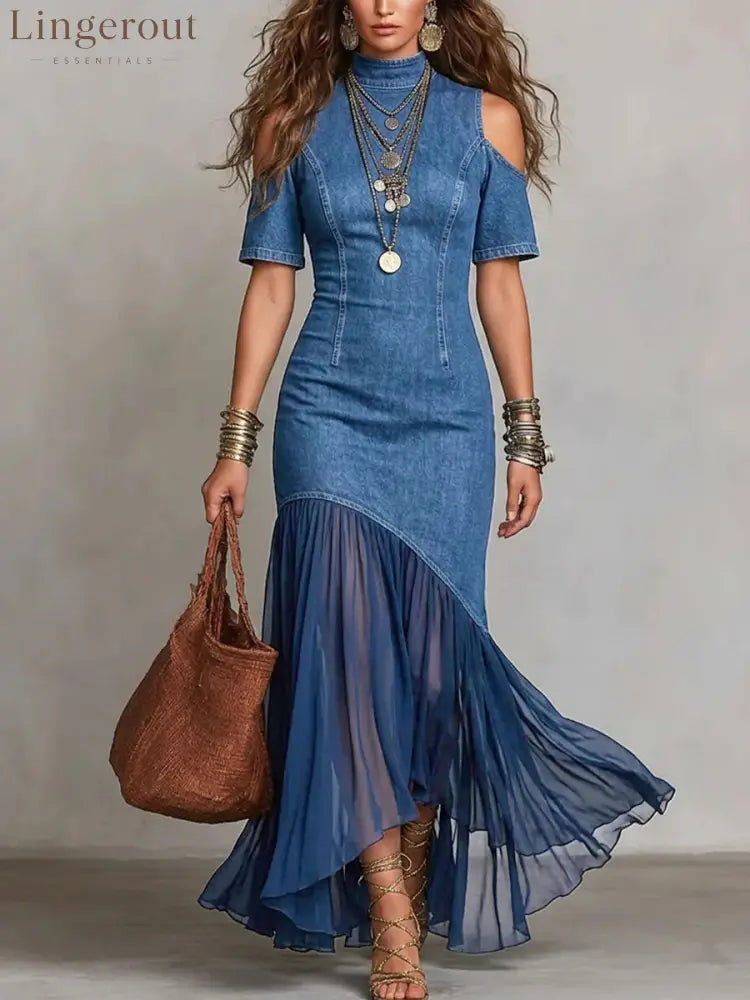 Off-Shoulder Mesh Hem Midi Dress – Slim Fit Short Sleeve Dress - Blue / S