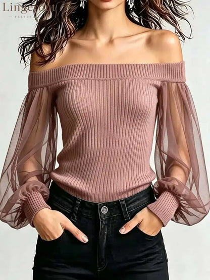 Off‑Shoulder Mesh Puff Sleeve Ribbed Knit Top